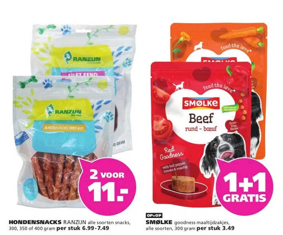 HONDENSNACKS RANZIJN alle soorten snacks, 300, 350 of 400 gram per stuk 6.99 - 7.49 2 voor 11.-