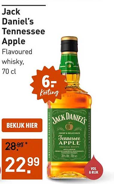 Jack Daniel's Tennessee Apple Flavoured whisky, 70 cl 6,- korting