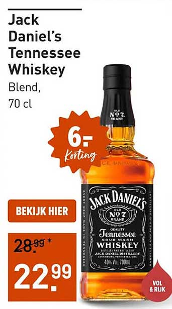 Jack Daniel’s Tennessee Whiskey Blend, 70 cl 6,- korting