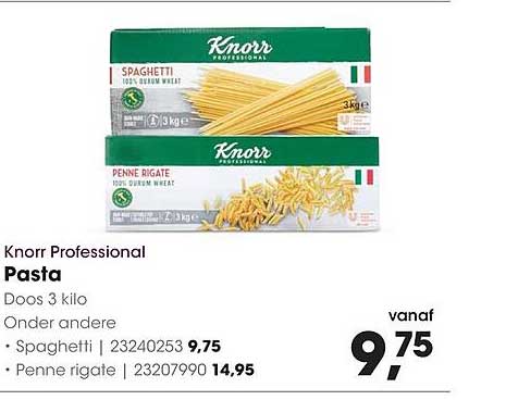 Knorr Professional Pasta Doos 3 kilo Onder andere Spaghetti | 23240253 9,75 Penne rigate | 23207990 14,95