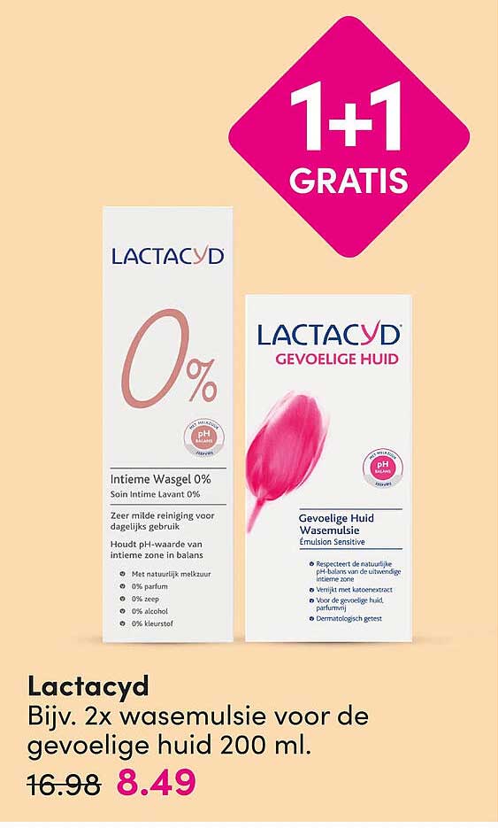 Lactacyd Bijv. 2x wasemulsie voor de gevoelige huid 200 ml. 1+1 GRATIS
