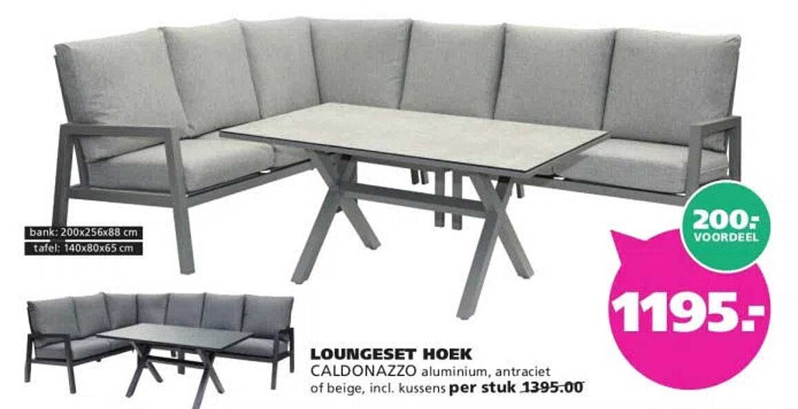 LOUNGSET HOEK CALDONAZZO aluminium, antraciet of beige, incl. kussens