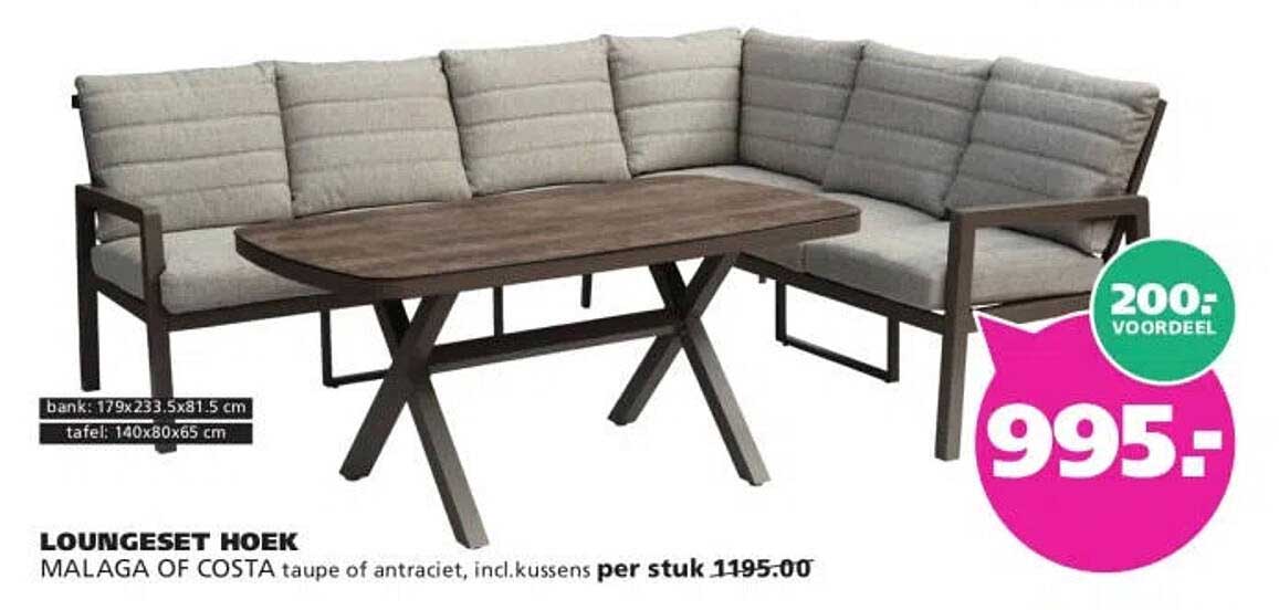 LOUNGSET HOEK MALAGA OF COSTA taupe of antraciet, incl.kussens per stuk 1195.00