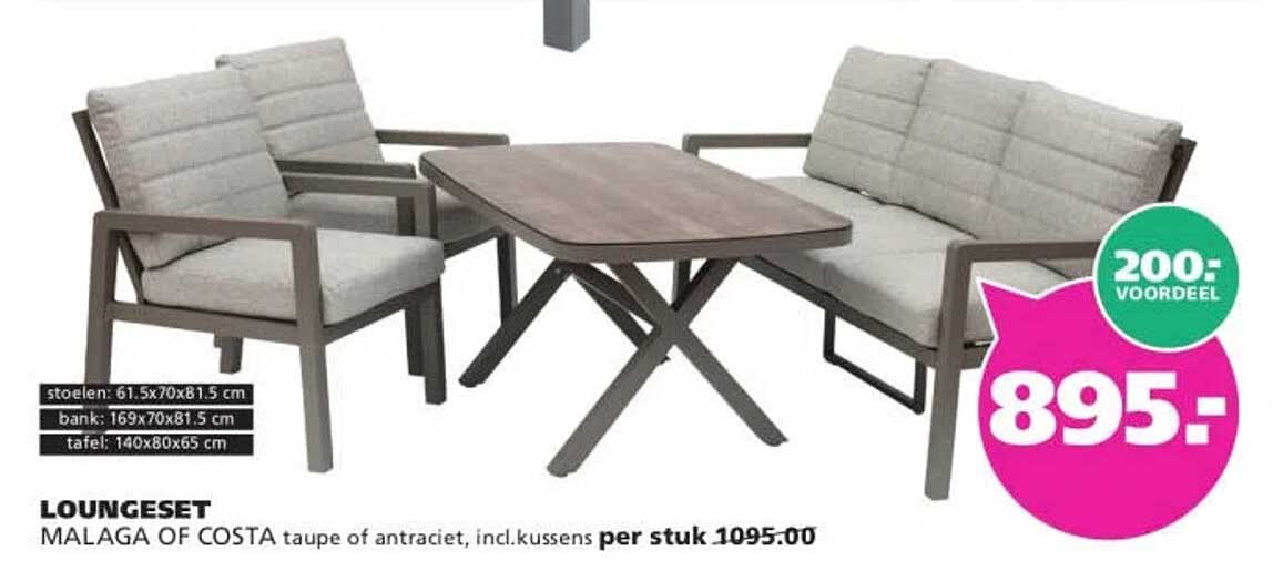 LOUNGSET MALAGA OF COSTA taupe of antraciet, incl.kussens per stuk