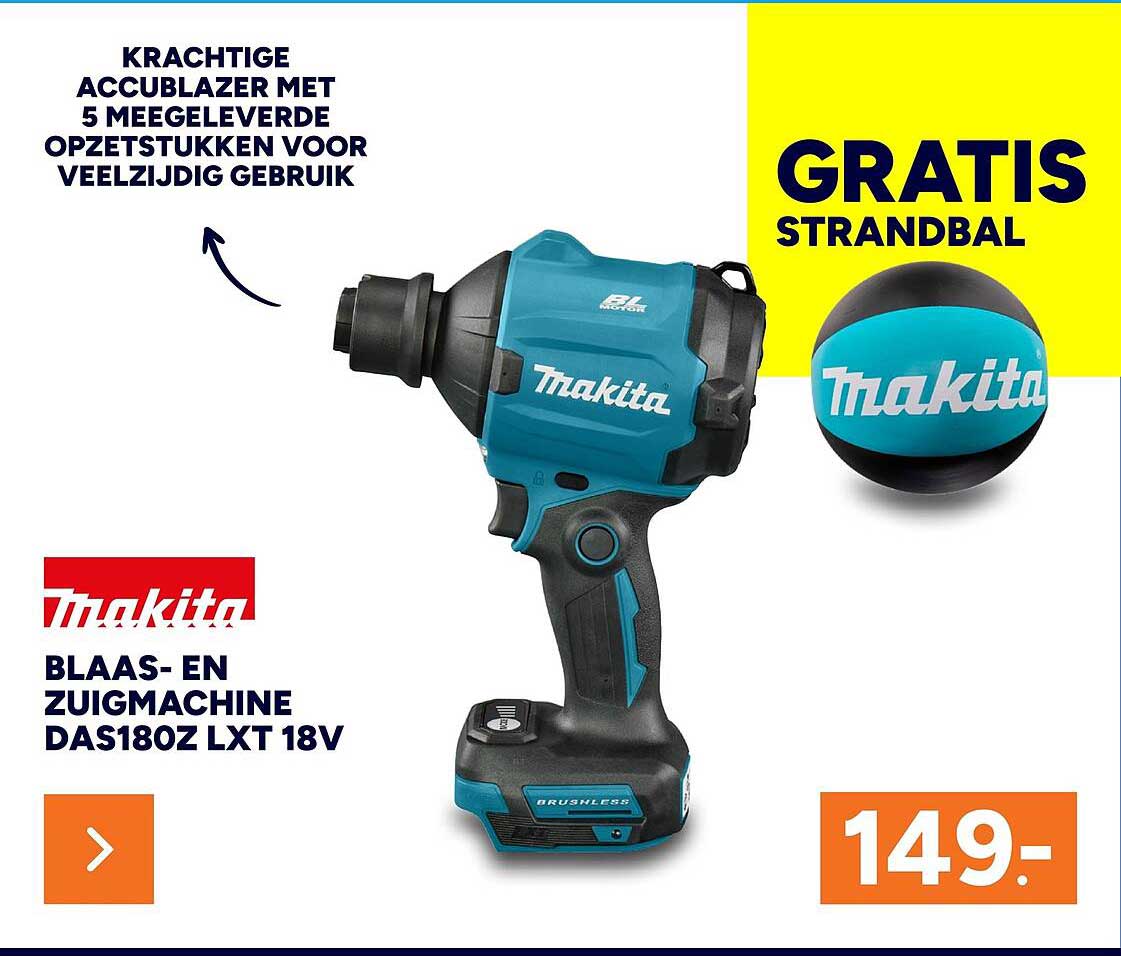 Makita blaas- en zuigmachine DAS180Z LXT 18V + gratis strandbal