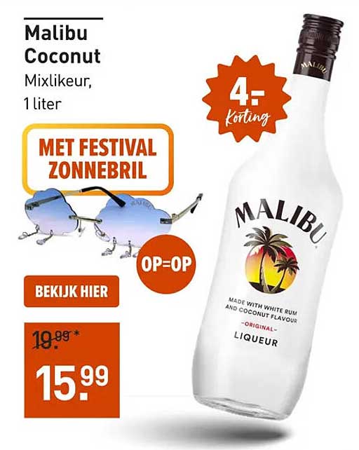 Malibu Coconut Mixlikeur, 1 liter MET FESTIVAL ZONNEBRIL OP=OP 4:- korting