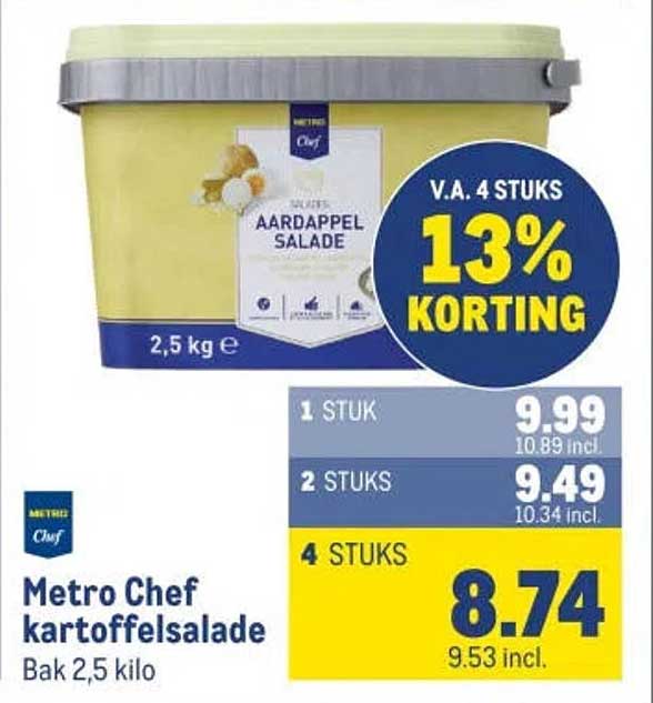 Metro Chef aardappelsalade Bak 2,5 kilo V.A. 4 STUKS 13% KORTING