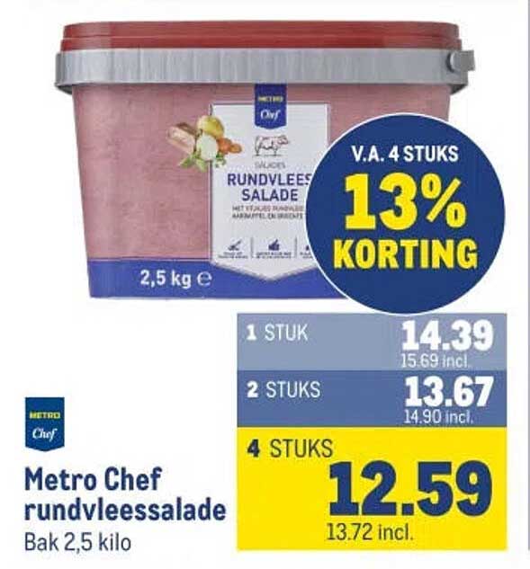 Metro Chef rundvleessalade Bak 2,5 kilo V.A. 4 STUKS 13% KORTING