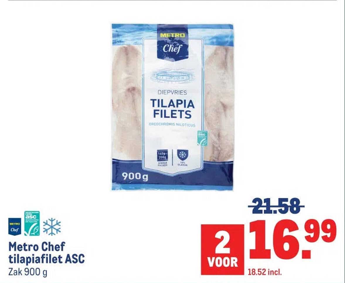 Metro Chef tilapiafilet ASC Zak 900 g 2 voor
