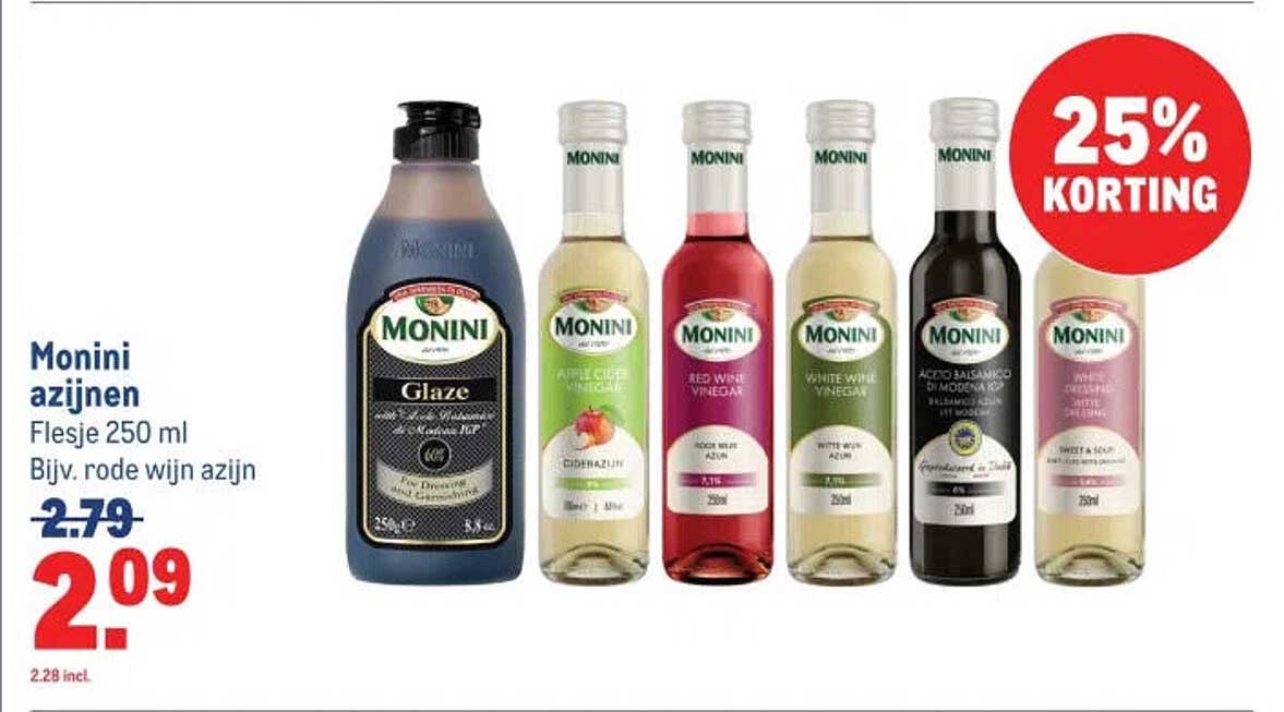 Monini azijnen Flesje 250 ml Bijv. rode wijn azijn 25% KORTING
