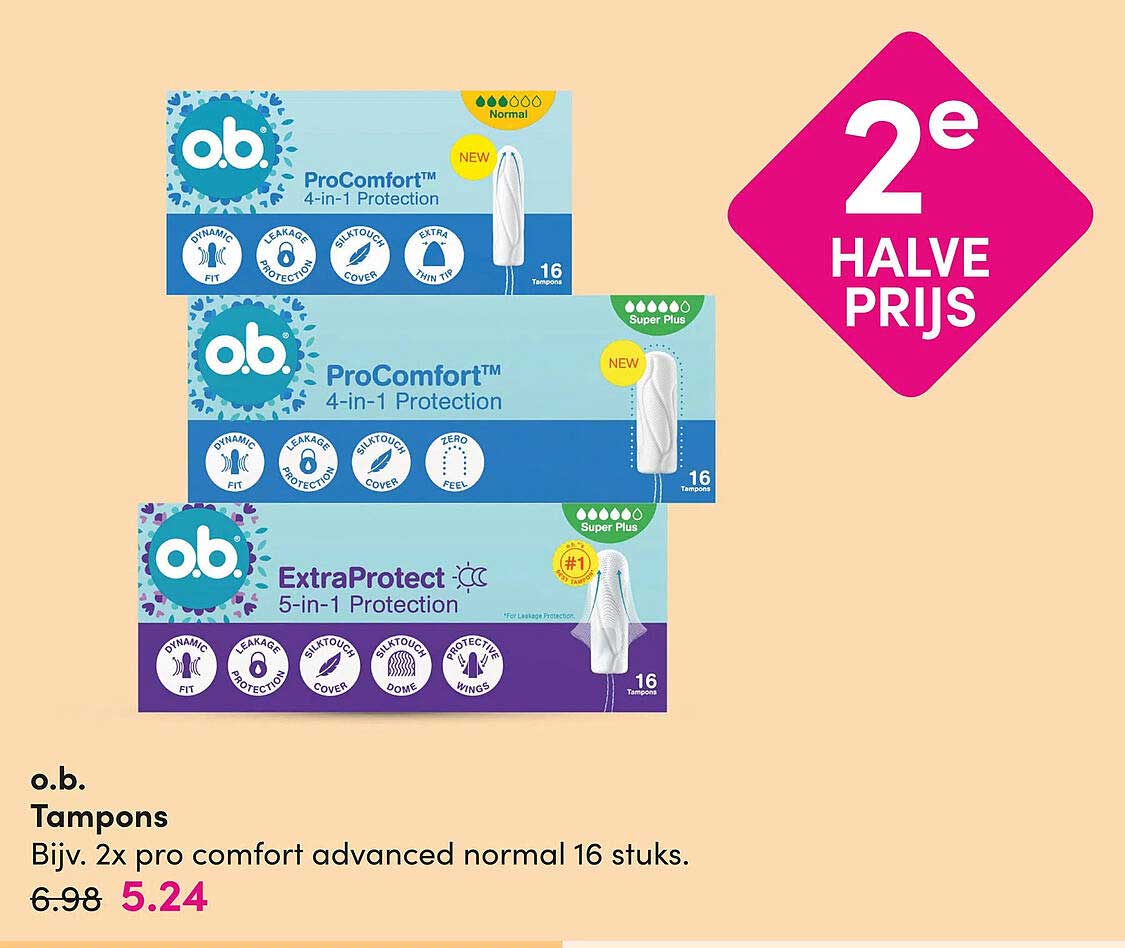 o.b. Tampons Bijv. 2x pro comfort advanced normal 16 stuks. 2e halve prijs