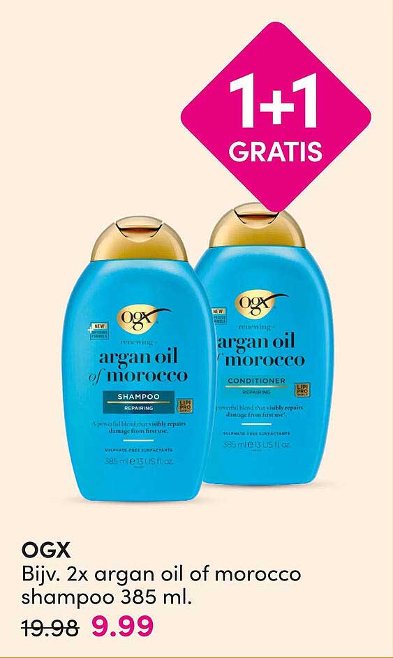 OGX Bijv. 2x argan oil of morocco shampoo 385 ml. 1+1 GRATIS