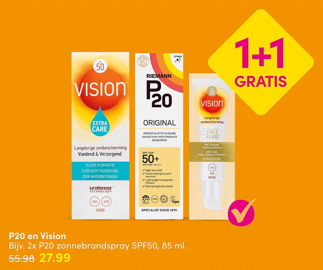 P20 en Vision Bijv. 2x P20 zonnebrandspray SPF50, 85 ml. 1+1 GRATIS