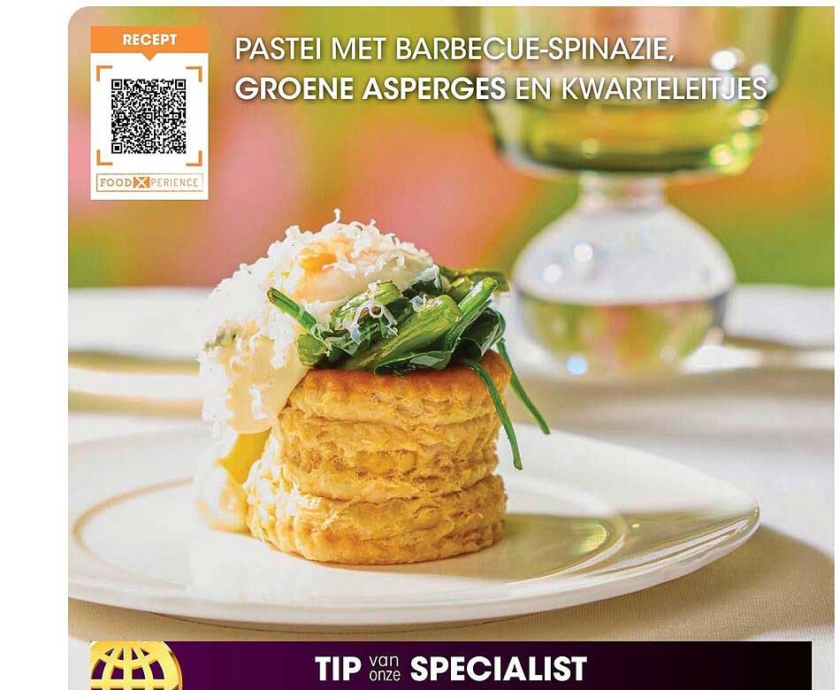 Pastei met barbecue-spinazie, groene asperges en kwarteleitjes