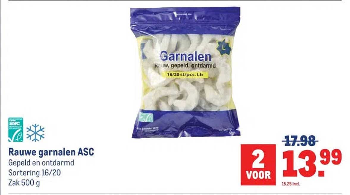 Rauwe garnalen ASC Gepeld en ontdarmd Sortering 16/20 Zak 500 g 2 voor