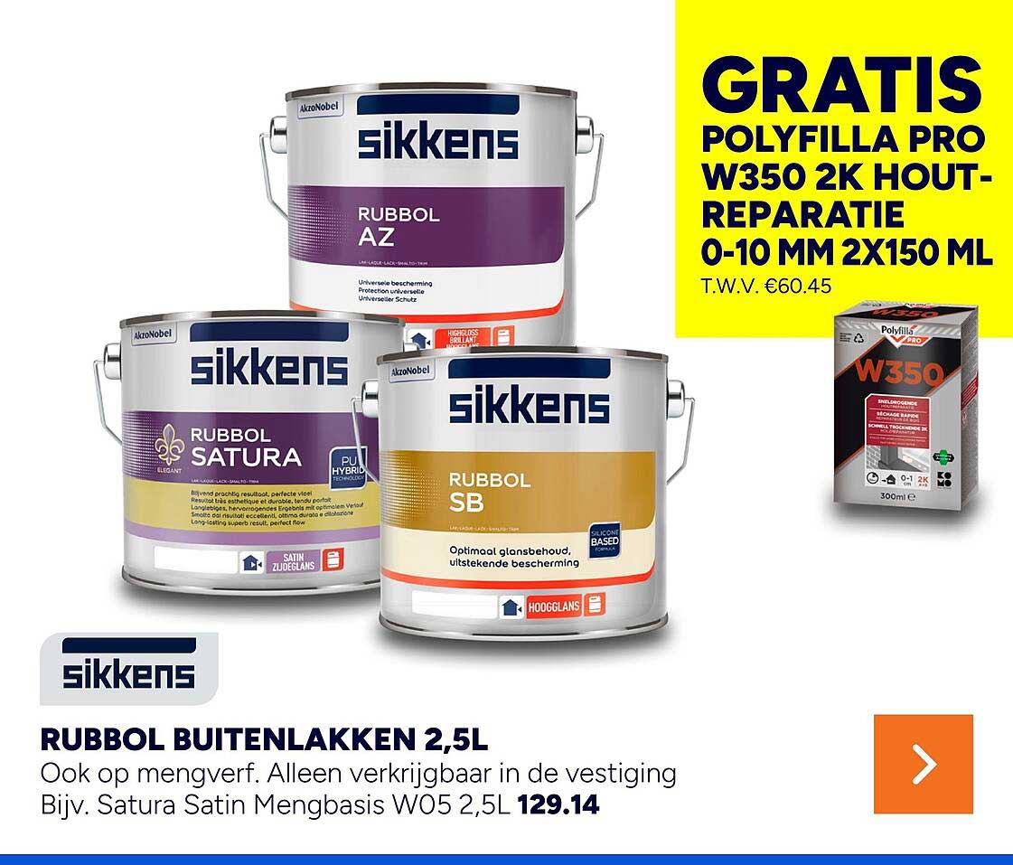 RUBBOL BUITENLAKKEN 2,5L GRATIS Polyfilla Pro W350 2K hout-reparatie 0-10 mm 2x150 ml