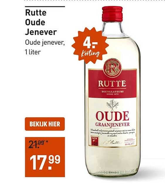 Rutte Oude Jenever Oude jenever, 1 liter 4,- korting