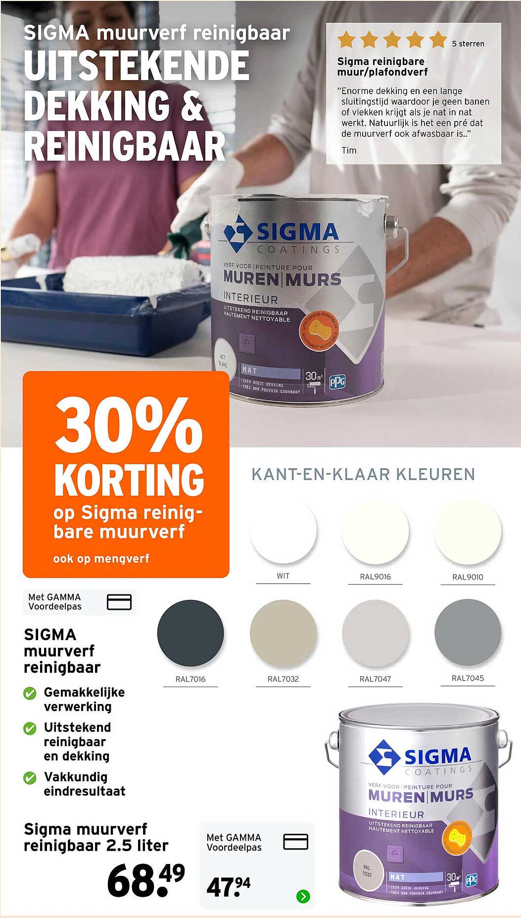 Sigma muurverf reinigbaar 2.5 liter 30% korting op Sigma reinigbare muurverf ook op mengverf