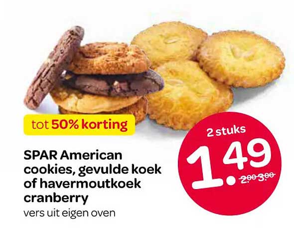 SPAR American cookies, gevulde koek of havermoutkoek cranberry tot 50% korting