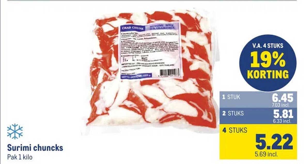 Surimi chuncks Pak 1 kilo V.A. 4 STUKS 19% KORTING