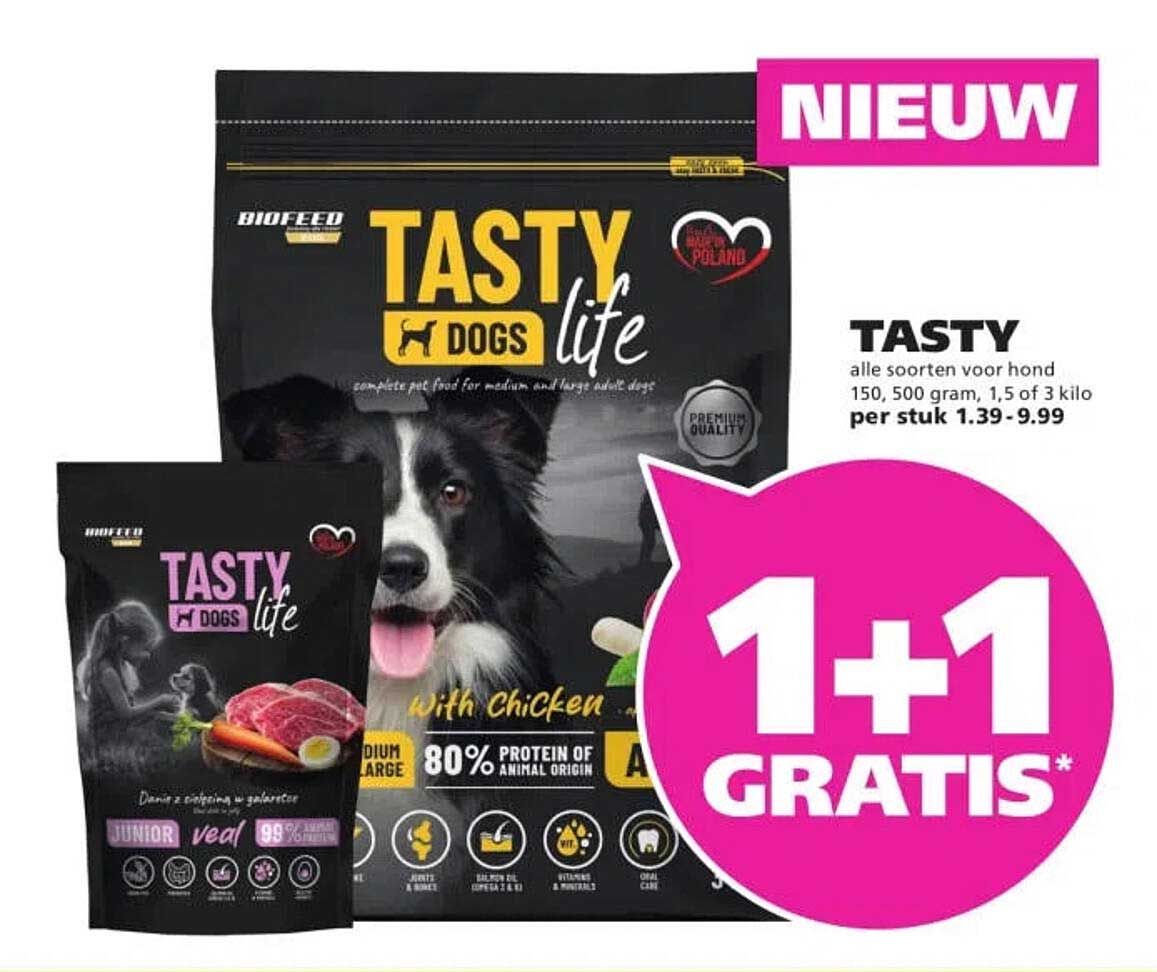 TASTY alle soorten voor hond 150, 500 gram, 1,5 of 3 kilo 1+1 gratis