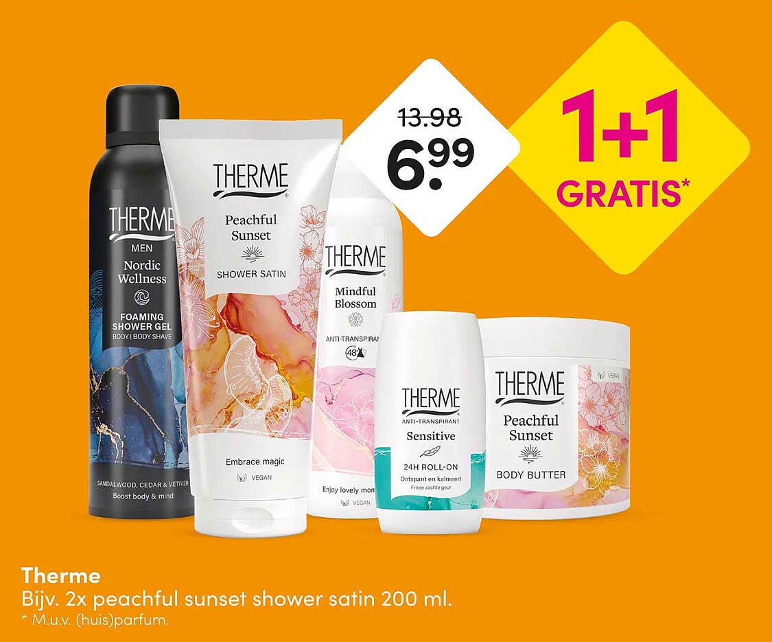 Therme Bijv. 2x peachful sunset shower satin 200 ml. 1+1 GRATIS*