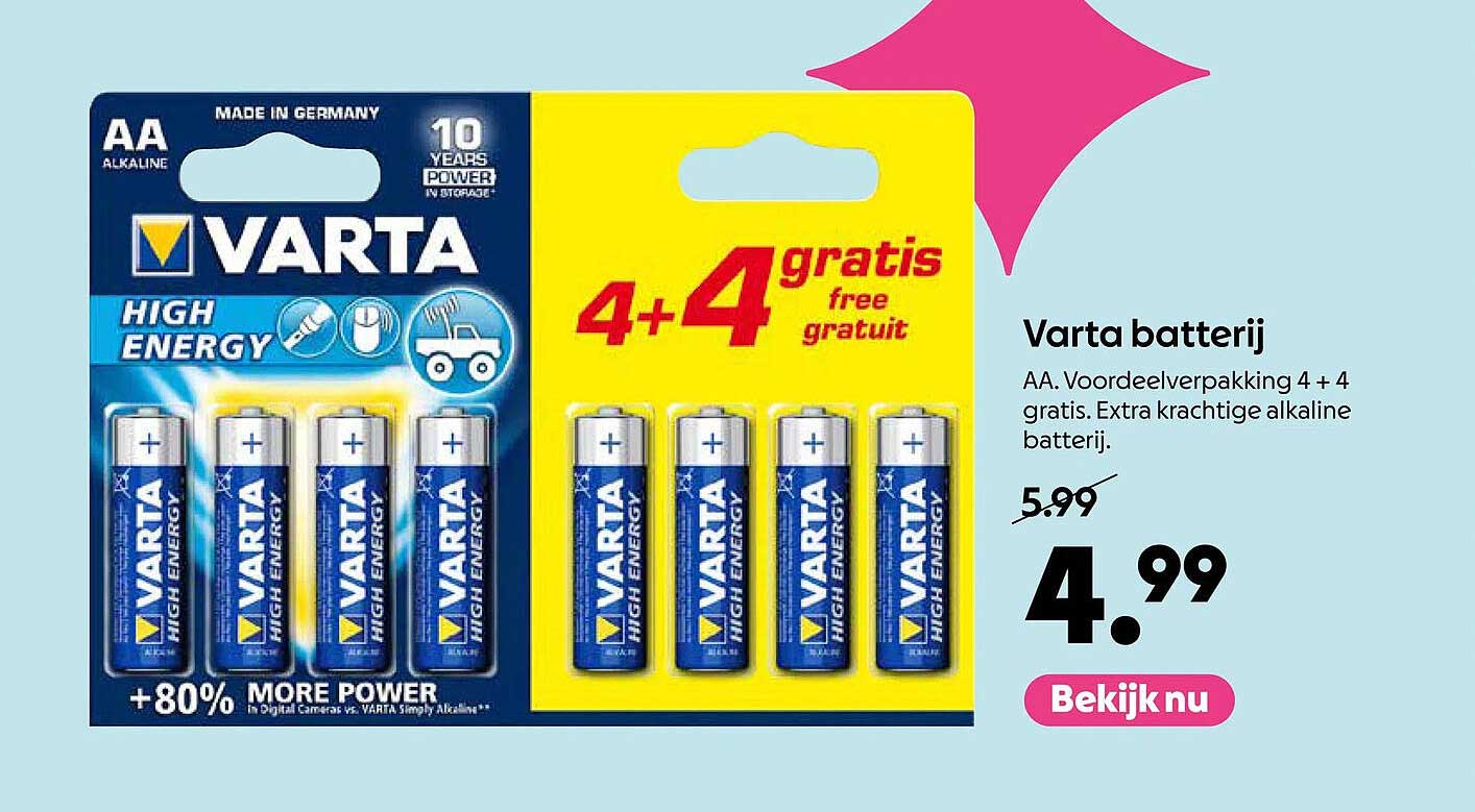 Varta batterij AA. Voordeelverpakking 4 + 4 gratis