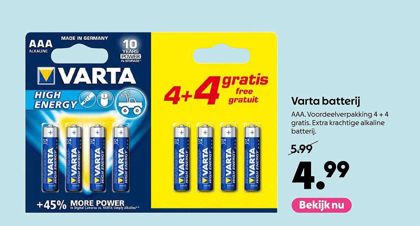 Varta batterij AAA. Voordeelverpakking 4 + 4 gratis. Extra krachtige alkaline batterij. 4+4 gratis