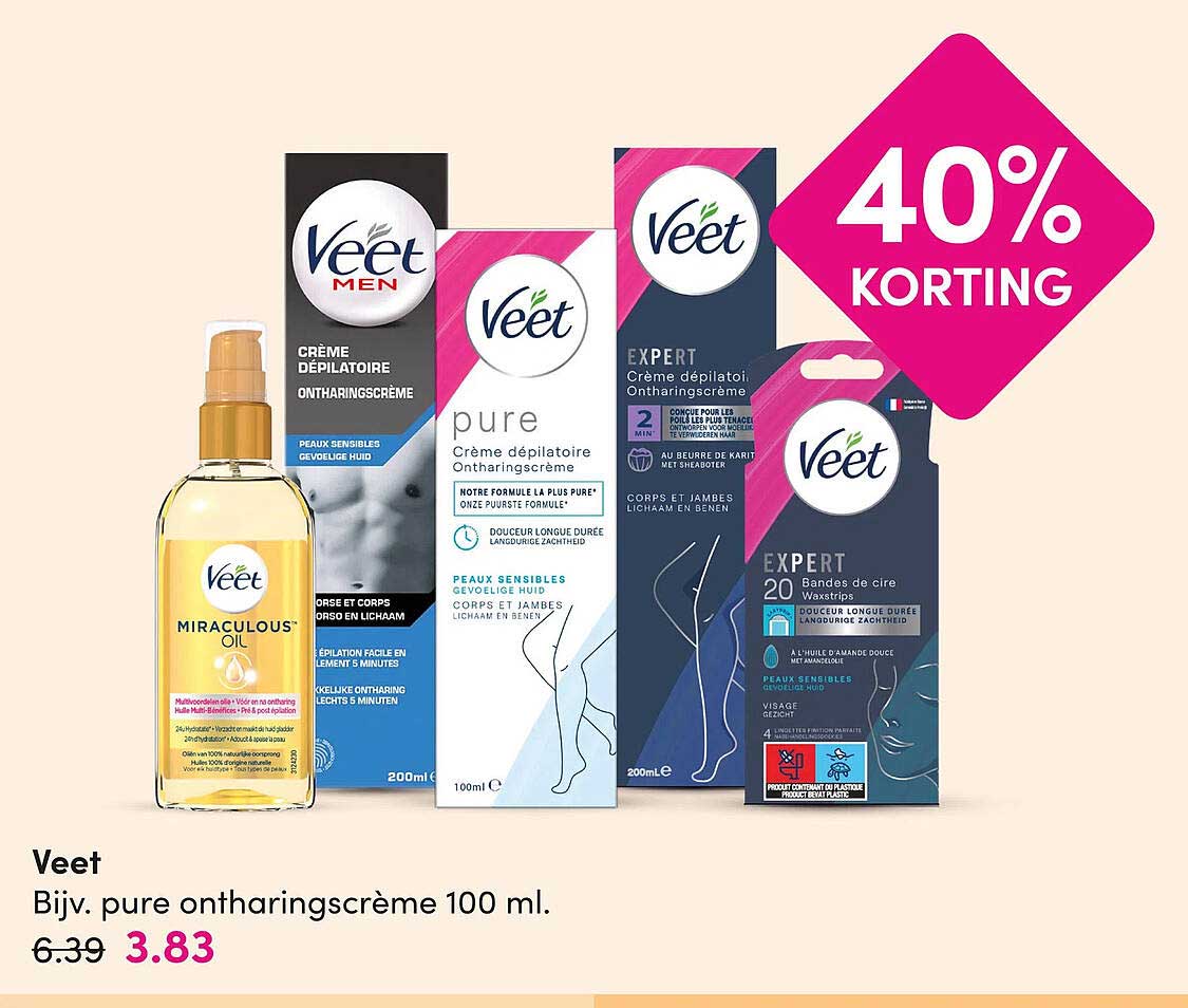 Veet Bijv. pure ontharingscrème 100 ml. 40% korting