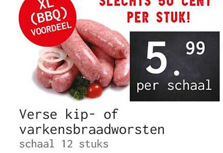 Verse kip- of varkensbraadworsten schaal 12 stuks