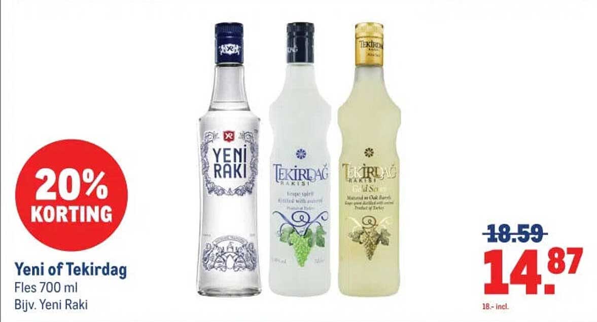 Yeni of Tekirdag Fles 700 ml Bijv. Yeni Raki 20% KORTING
