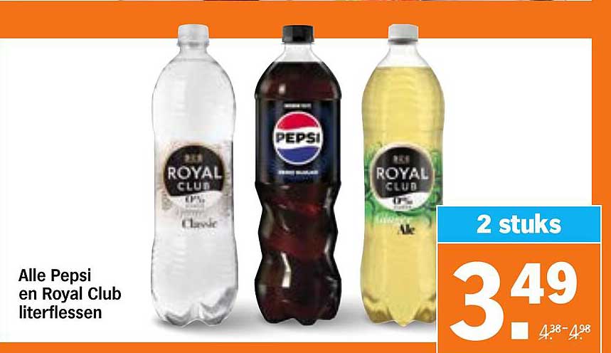 Alle Pepsi en Royal Club literflessen