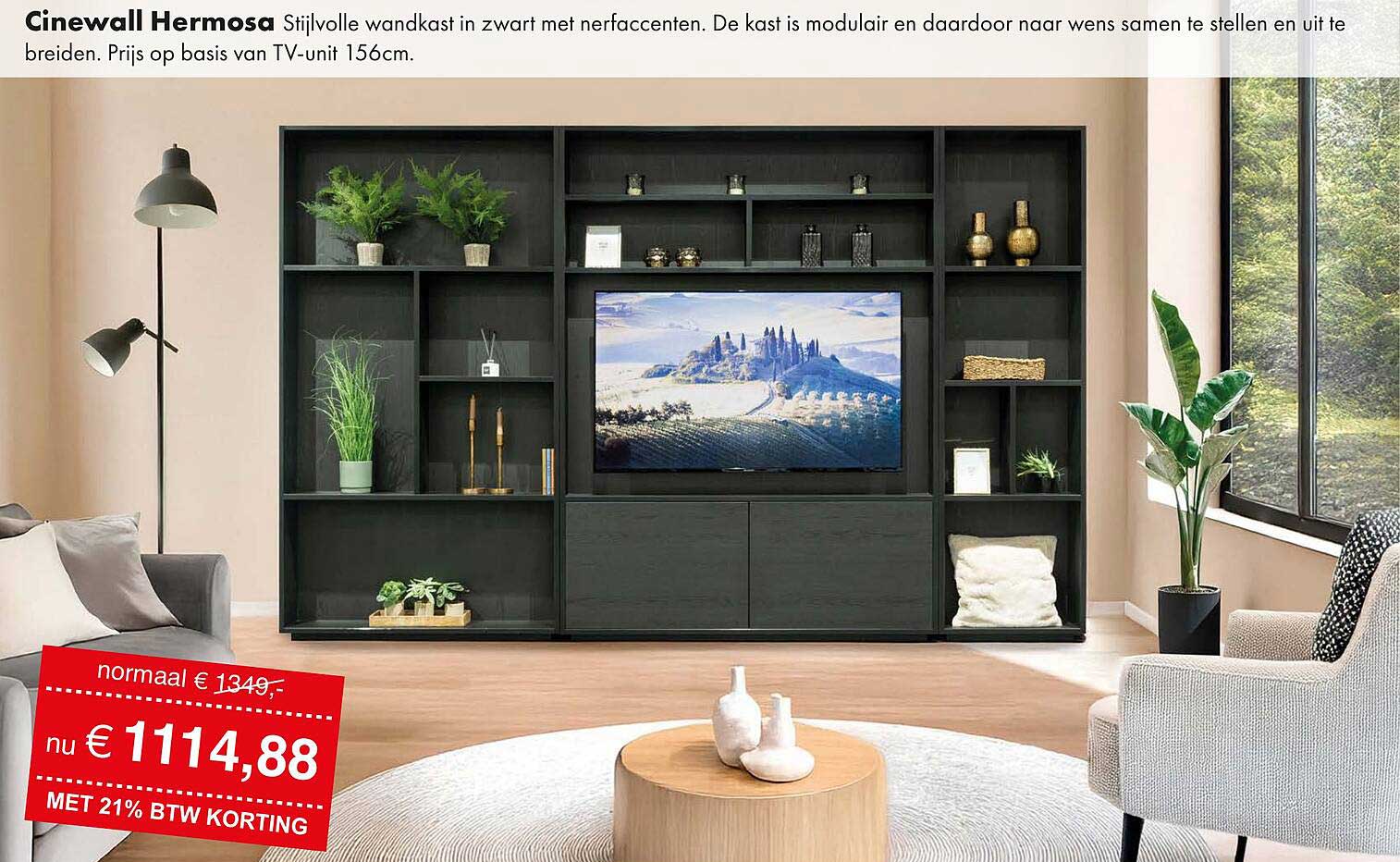 Cinewall Hermosa Stijlvolle wandkast in zwart met nerfaccenten