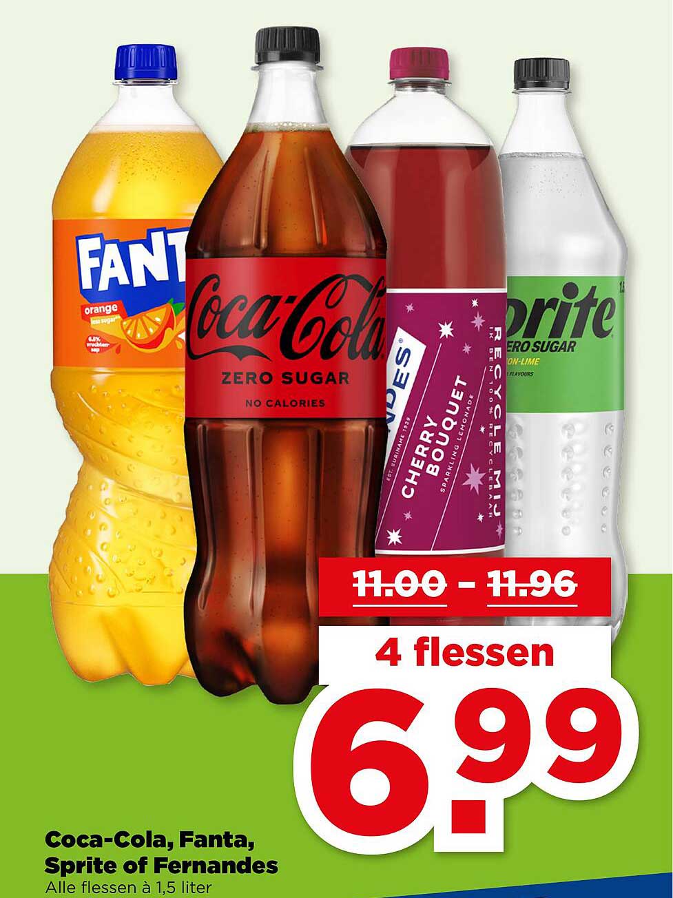 Coca-Cola, Fanta, Sprite of Fernandes - 4 flessen voor 6,99