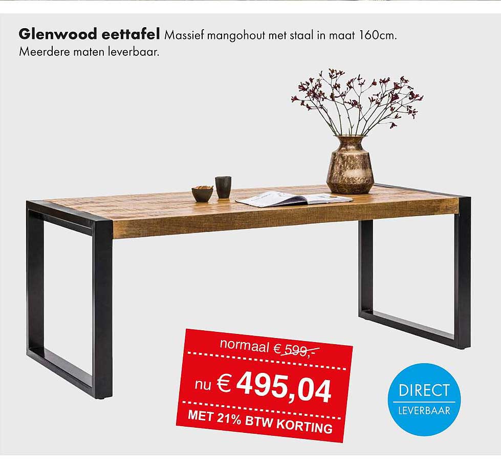 Glenwood eettafel Massief mangohout met staal in maat 160cm.