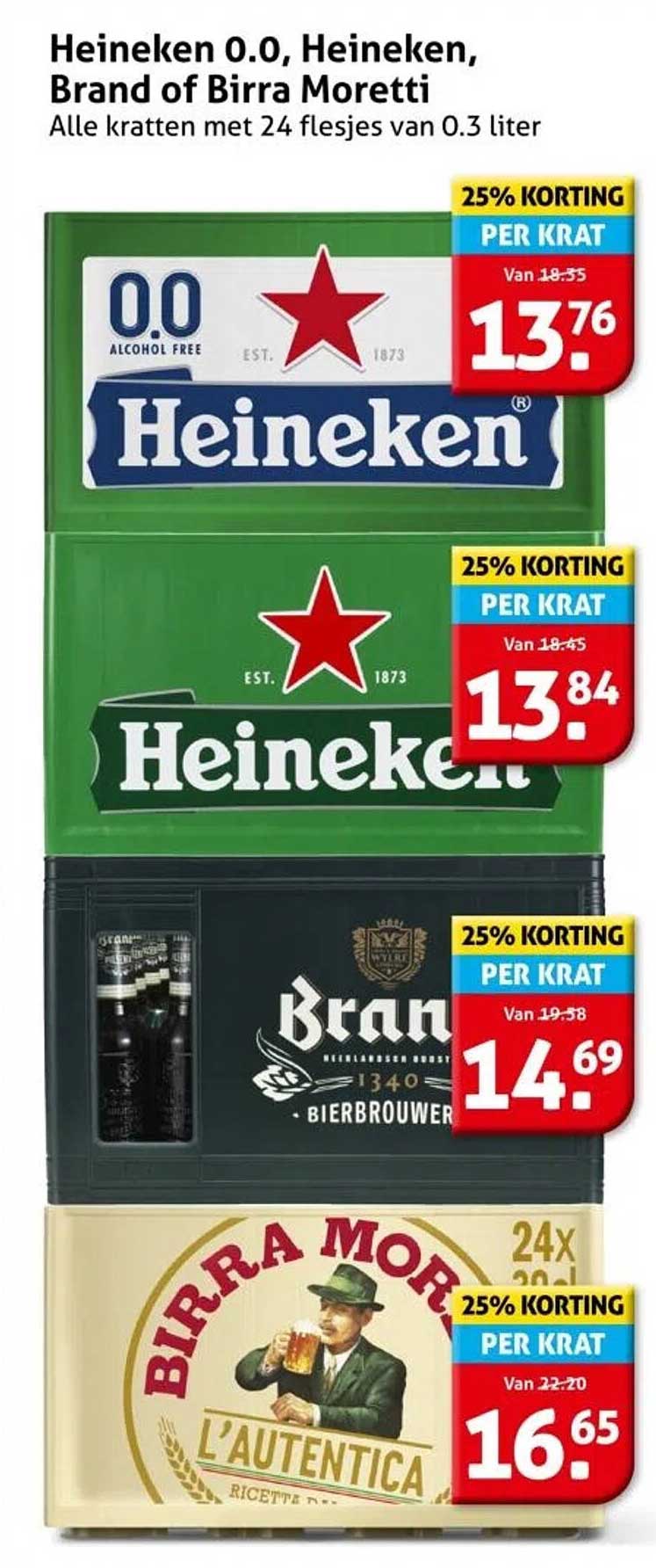 Heineken 0.0, Heineken, Brand of Birra Moretti - Alle kratten met 24 flesjes van 0.3 liter