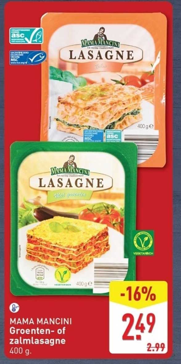 MAMA MANCINI Groenten- of zalmlasagne 400 g.