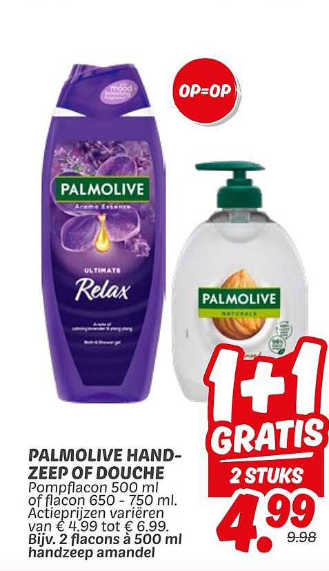 PALMOLIVE HANDZEEP OF DOUCHE 1+1 GRATIS