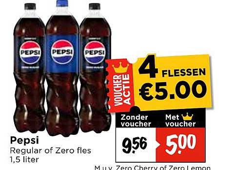 Pepsi Regular of Zero flessen 1,5 liter - 4 flessen voor €5,00