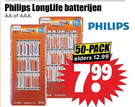 Philips LongLife batterijen AA of AAA.