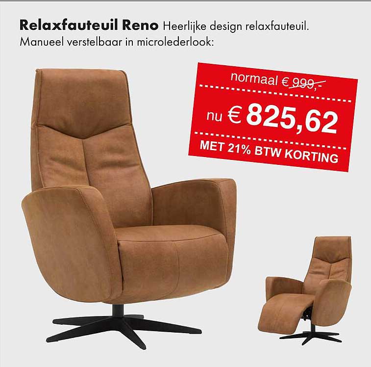 Relaxfauteuil Reno Heerlijk design relaxfauteuil. Manueel verstelbaar in microlederlook: