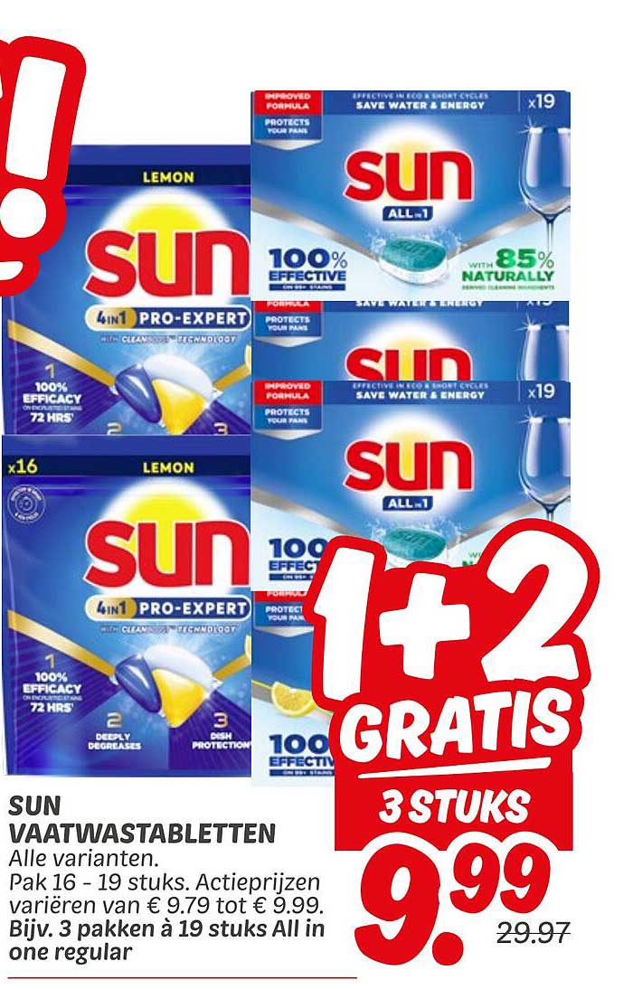 SUN VAATWASTABLETTEN Alle varianten. Pak 16 - 19 stuks. Actieprijzen variëren van € 0.79 tot € 9.99. Bijv. 3 pakken à 19 stuks All in one regular
