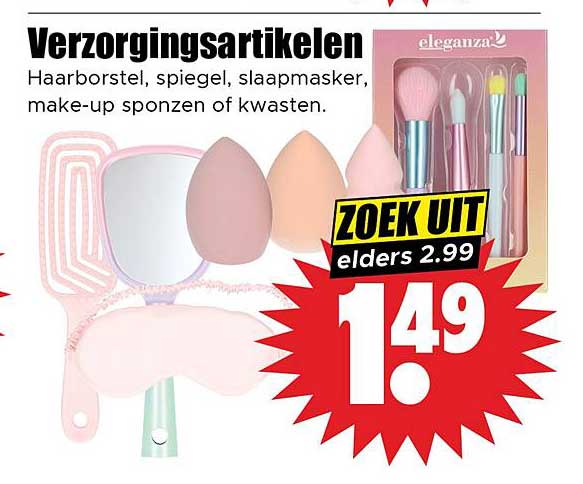 Verzorgingsartikelen Haarborstel, spiegel, slaapmasker, make-up spongen of kwasten.