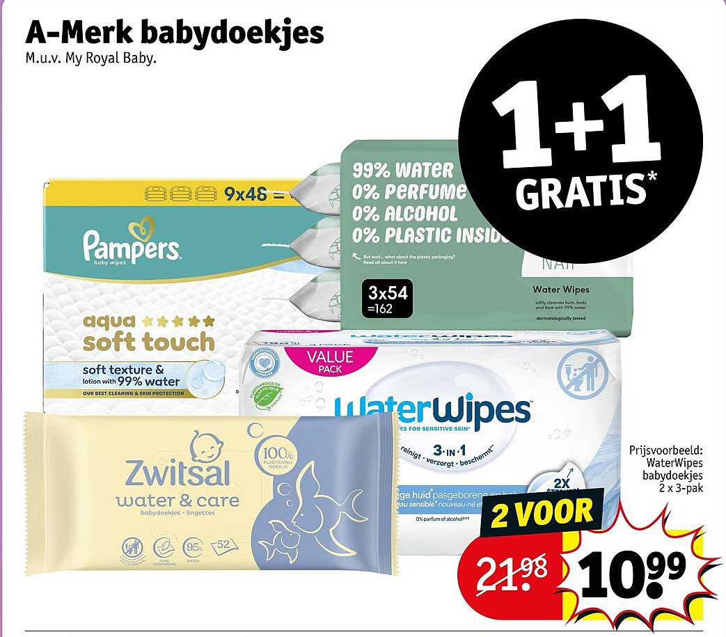 A-Merk babydoekjes M.u.v. My Royal Baby. 1+1 GRATIS*