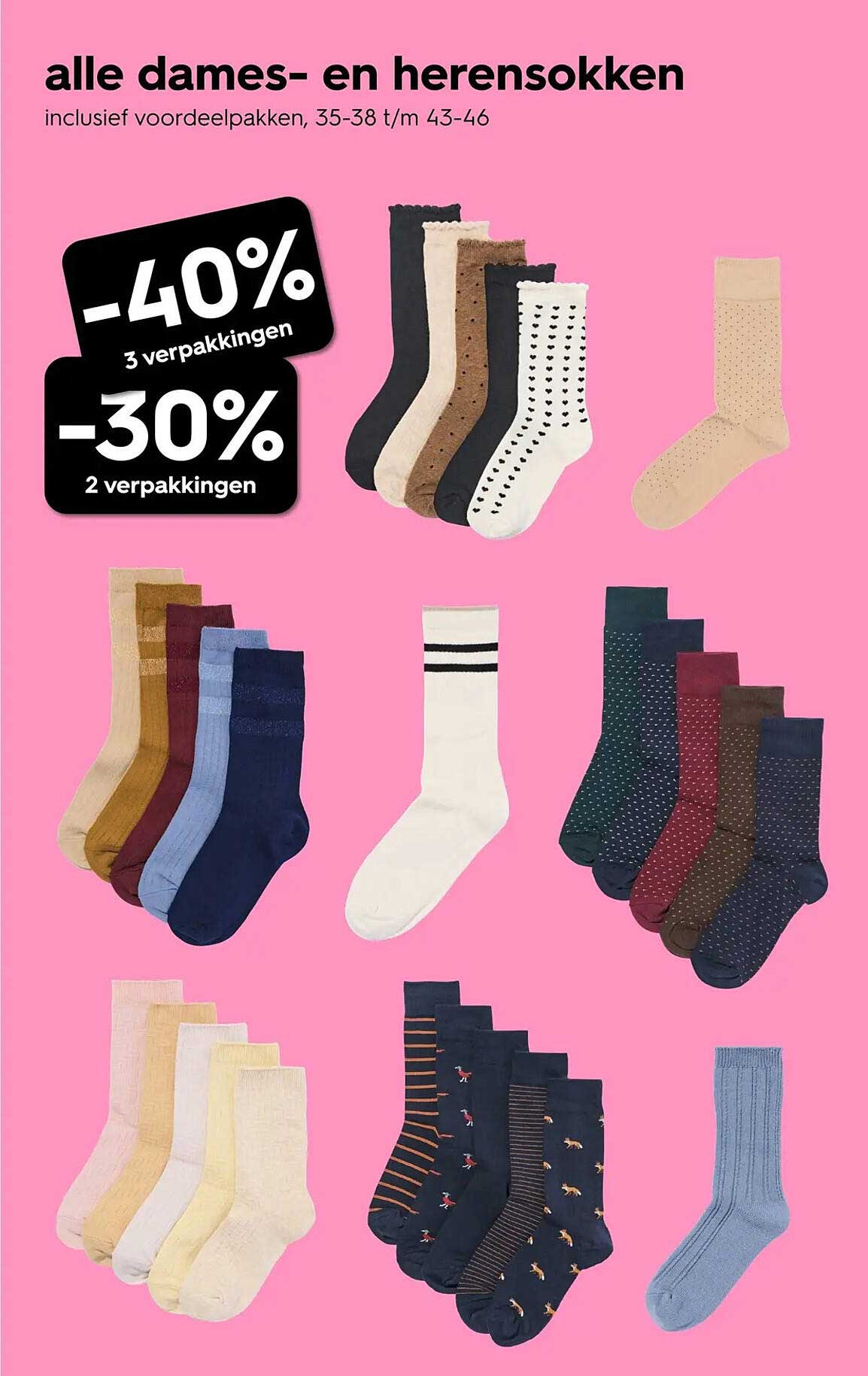 alle dames- en herensokken inclusief voordeelpakken, 35-38 t/m 43-46 -40% 3 verpakkingen -30% 2 verpakkingen