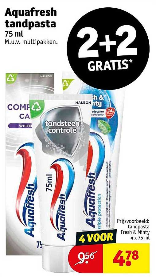 Aquafresh tandpasta 75 ml 2+2 GRATIS*