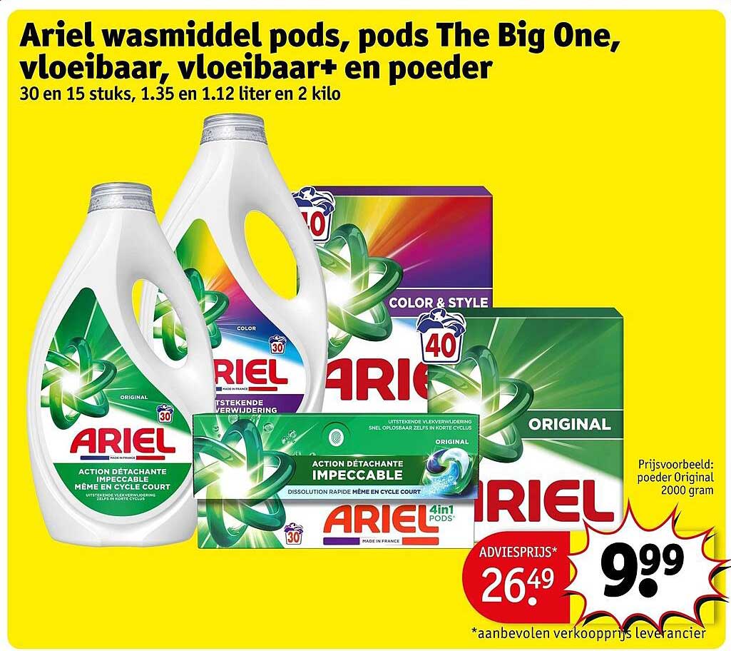 Ariel wasmiddel pods, pods The Big One, vloeibaar, vloeibaar+ en poeder