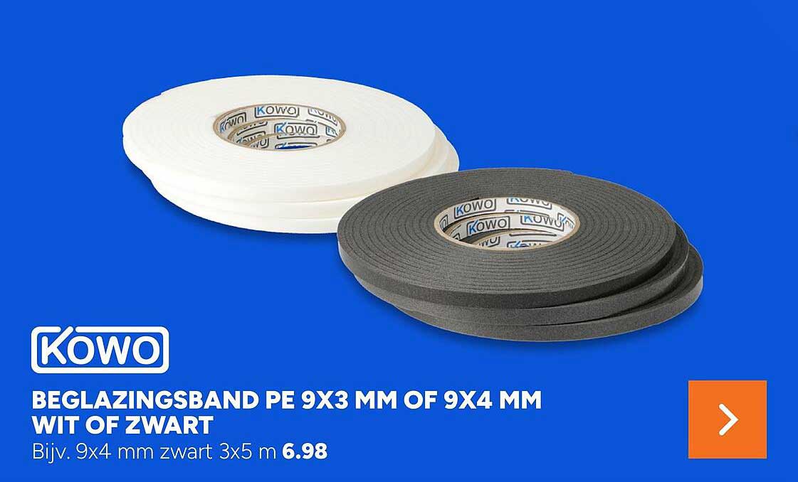 BEGLAZINGSBAND PE 9X3 MM OF 9X4 MM WIT OF ZWART