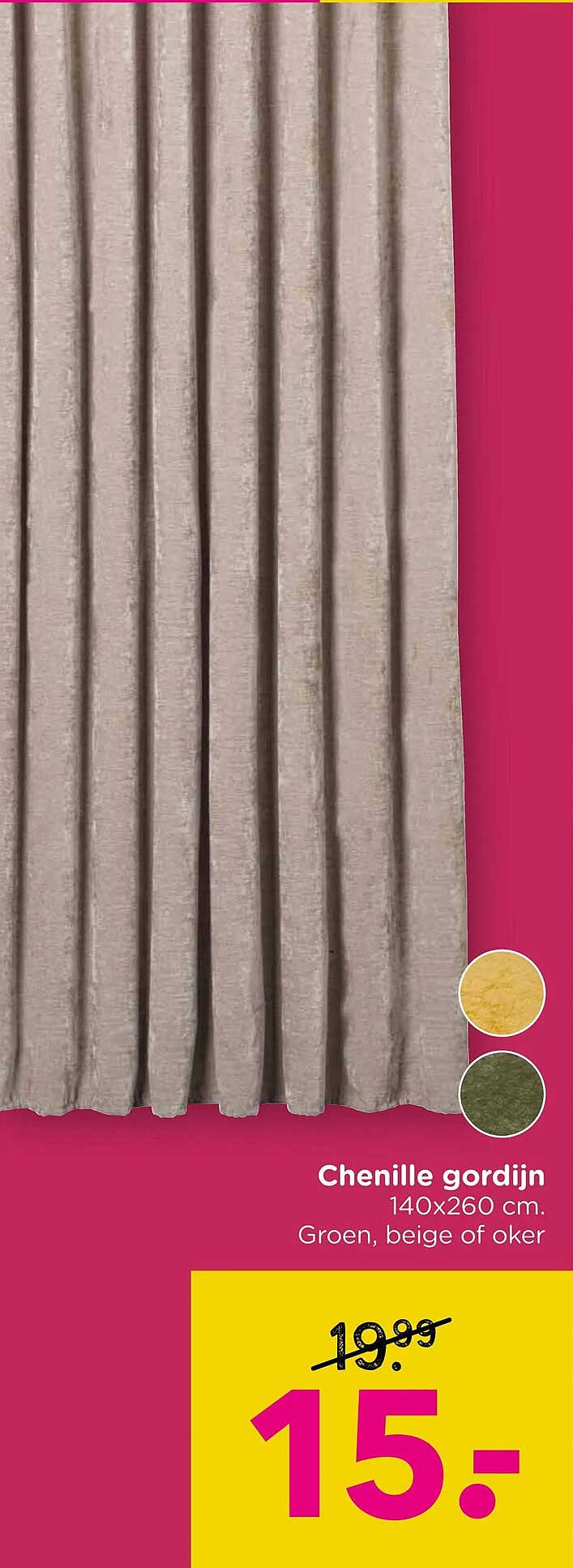 Chenille gordijn 140x260 cm. Groen, beige of oker