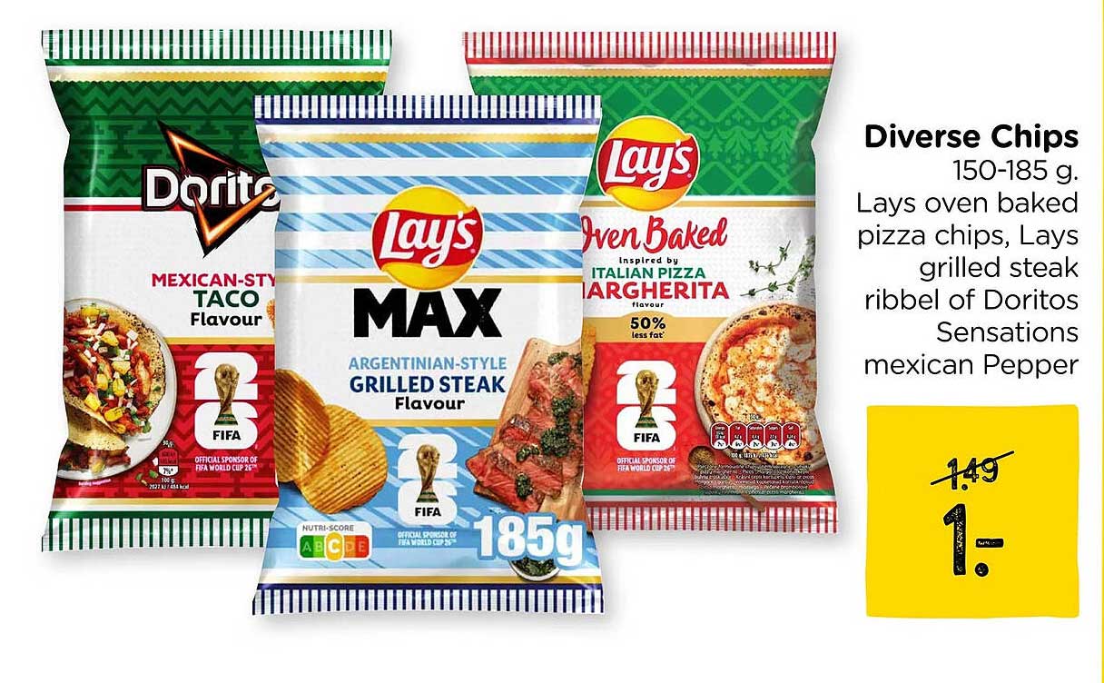 Diverse Chips 150-185 g. Lays oven baked pizza chips, Lays grilled steak ribbel of Doritos Sensations mexican Pepper